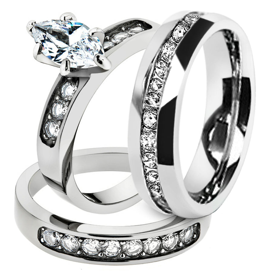 His and Hers Stainless Steel 1.65 Ct Cz Bridal Set and Mens Eternity Wedding Band Image 1