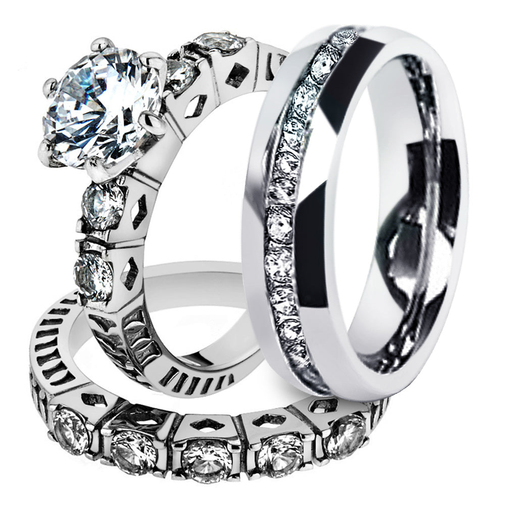 His and Hers Stainless Steel 3.10 Ct Cz Bridal Set and Mens Eternity Wedding Band Image 1