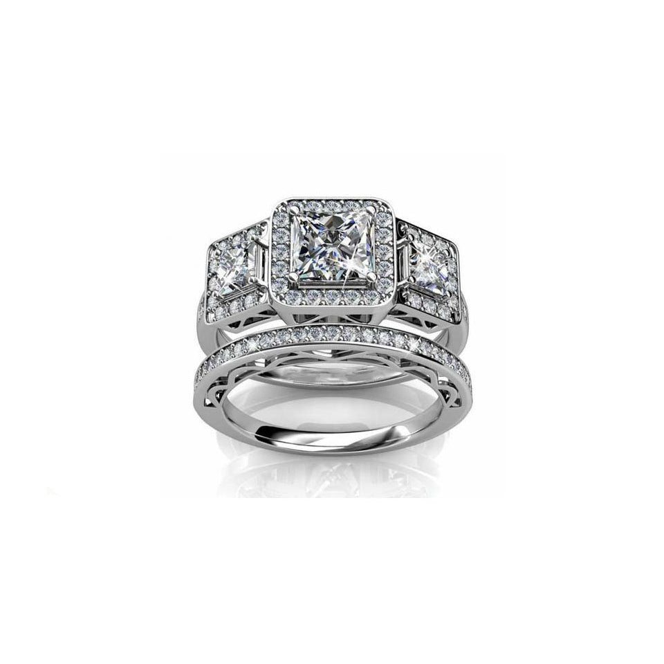 4.00 CTTW Tri-Stone Princess Cut Ring and Band Set Image 2