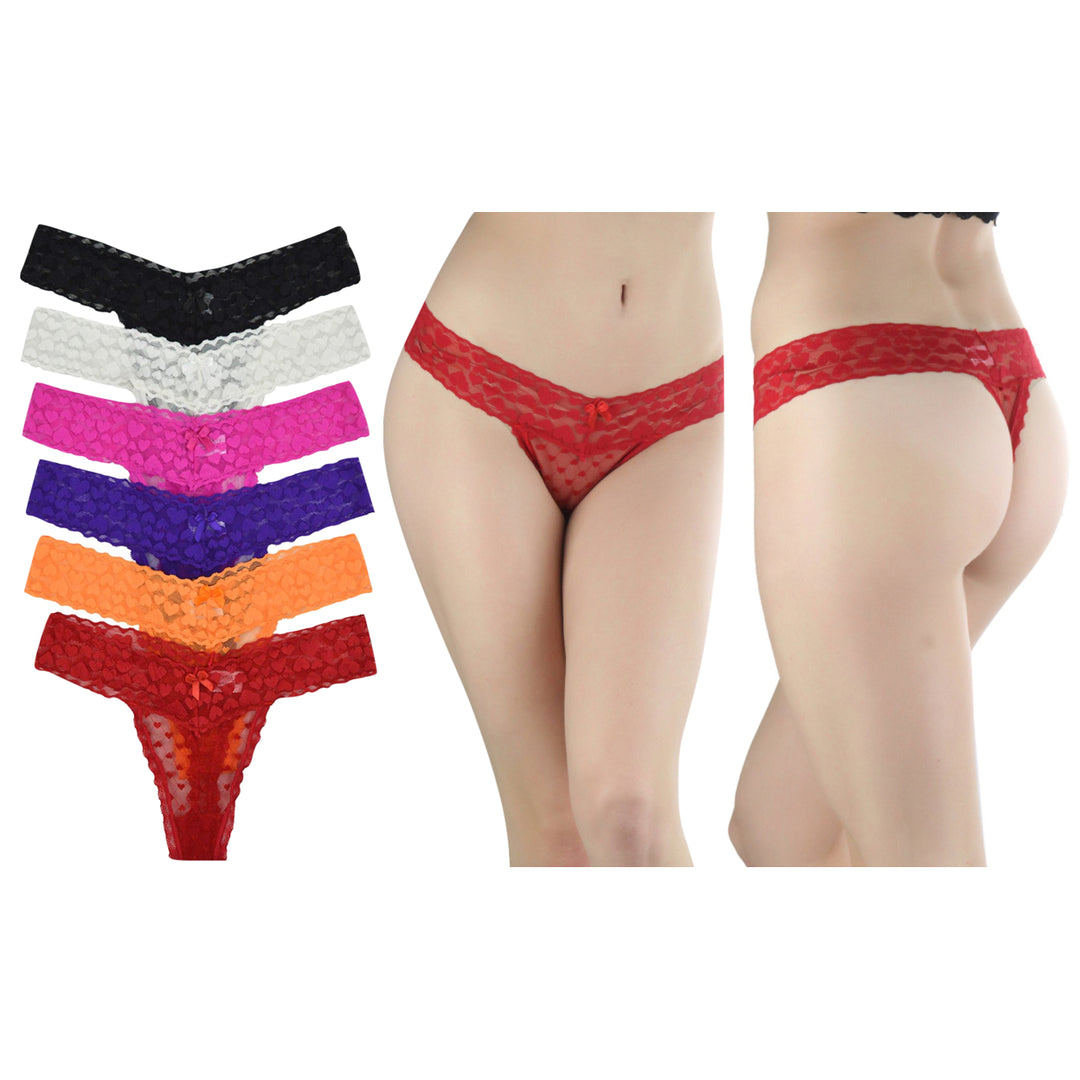 6 Pack of Womens In Love Heart Print Sheer Thongs Image 1