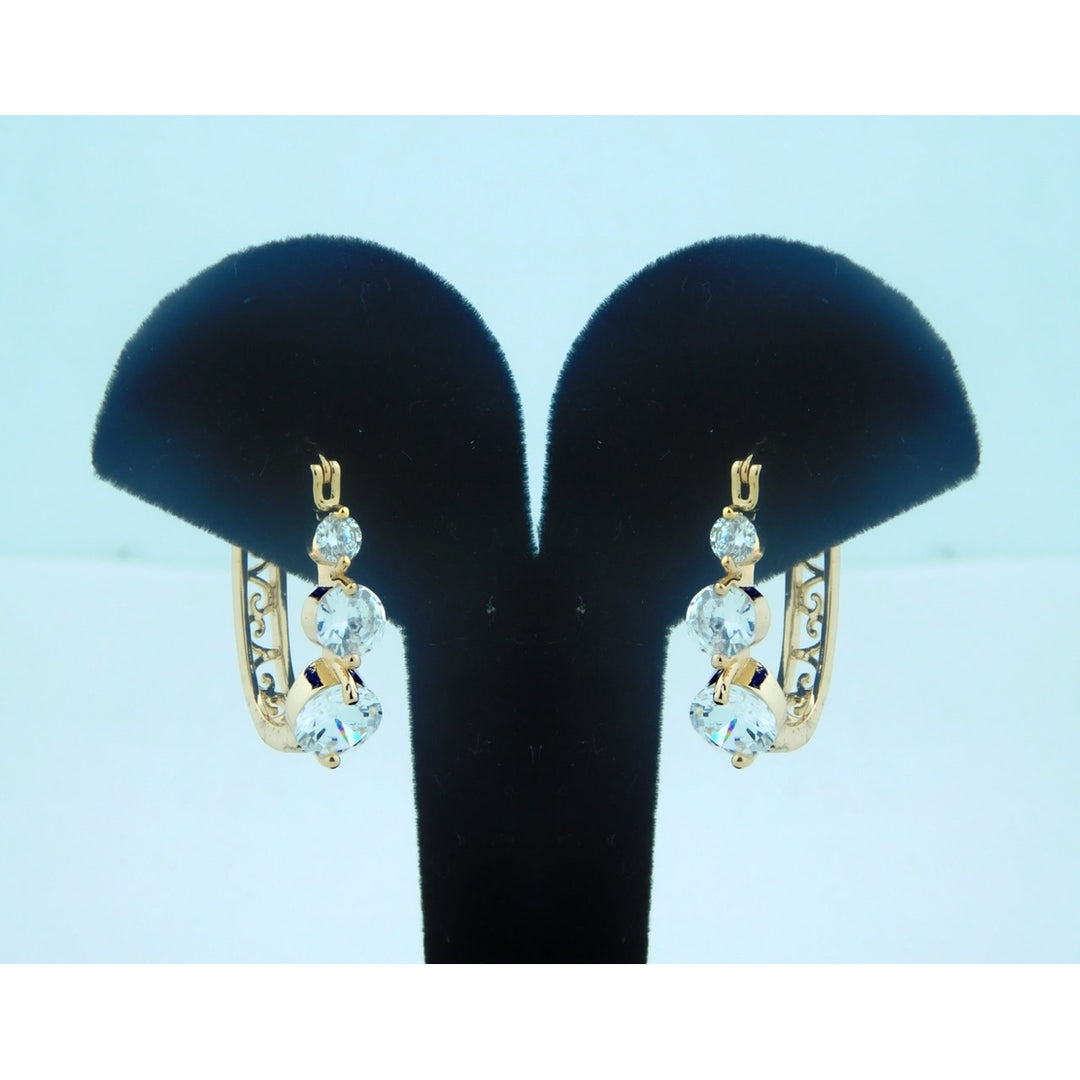 18K Gold Filled Clips On 3 White stones Earrings Image 1