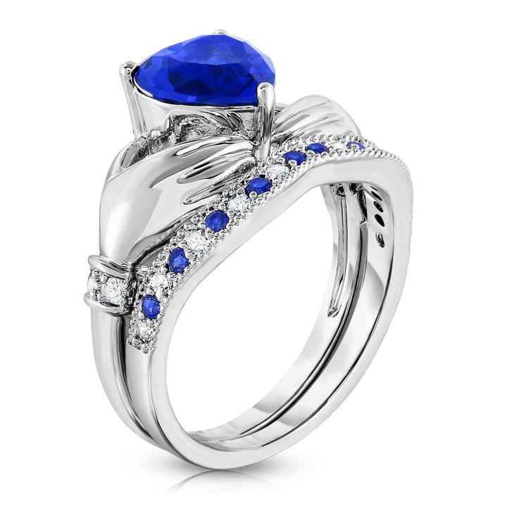 3.50cttw Sapphire Heart Cut Claddagh Ring and Band Set Image 2