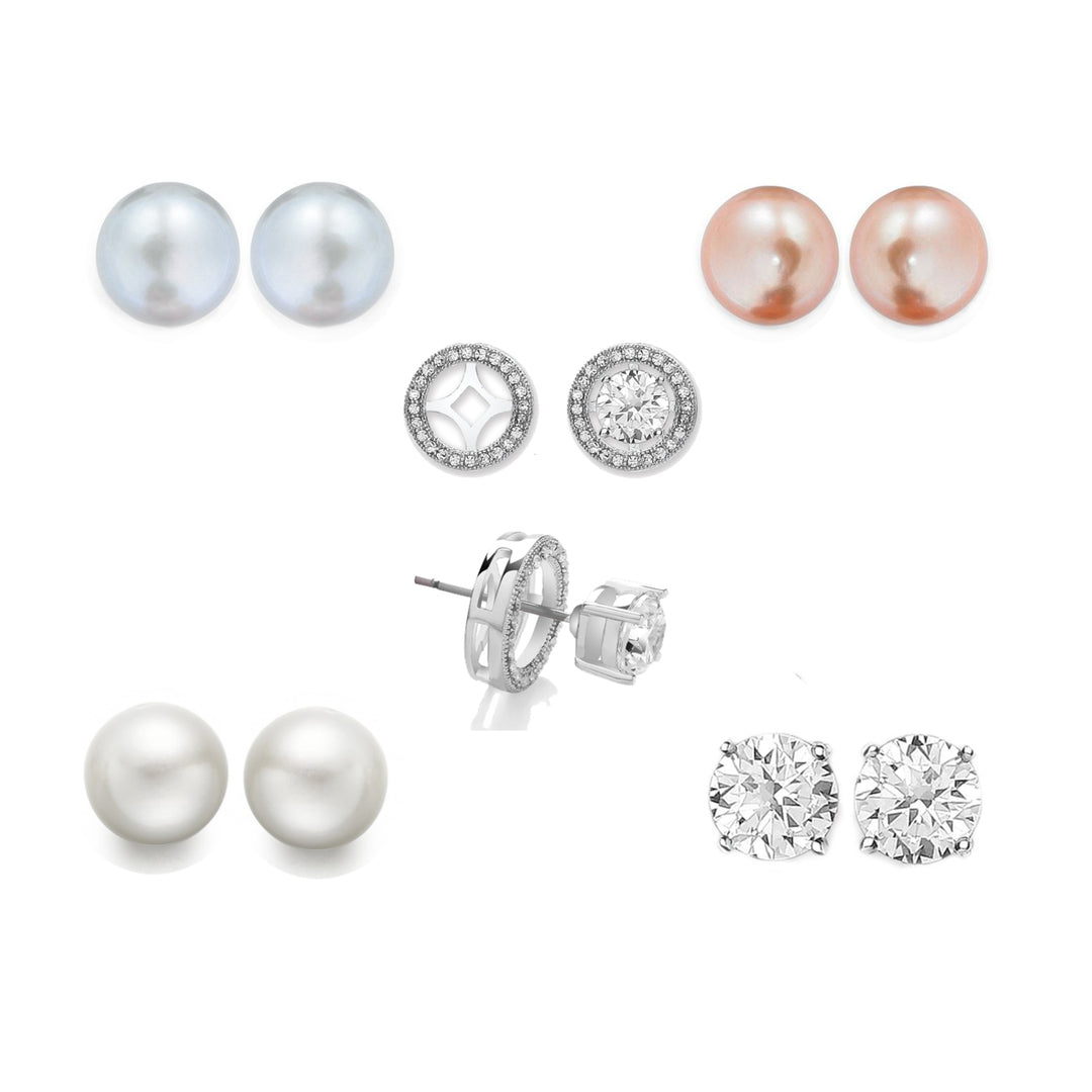 4-in-1 Interchangeable Halo Stud Earrings White Sapphire Freshwater Pearls Image 1