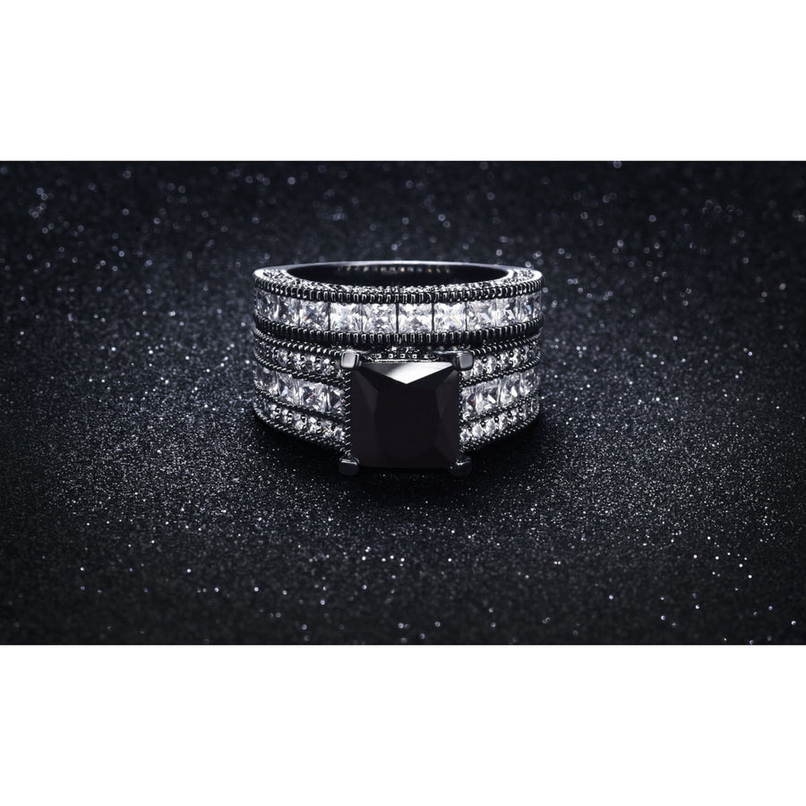 2 Piece 4.50 CTTW Black And White Princes Cut Ring and Band Set In Black Rhodium Image 1