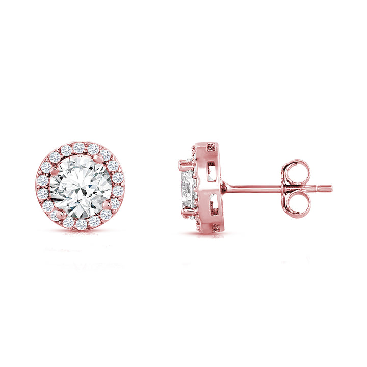 Cubic Zirconia Halo Studs in 18k Rose Gold Plating Image 2