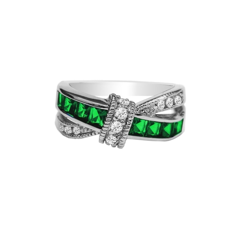 Emerald Princess Cut Crossover Love Knot Ring Image 1