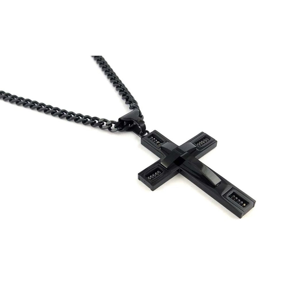 Mens Black Ion Plated Cross Necklace with 24" Stainless Steel Curb Chain Image 1