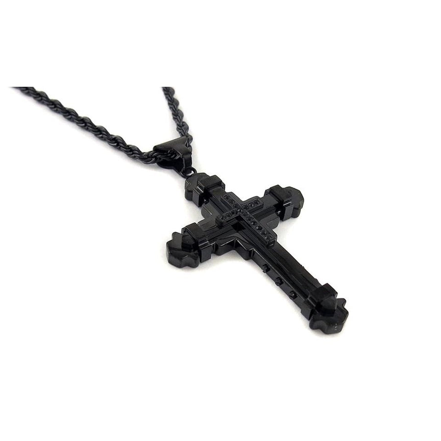 Mens Black Ion Plated CZ Cross Pendant Stainless Steel Rope Chain 24" Image 1