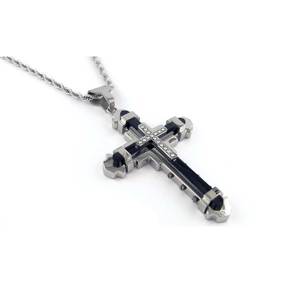 Mens Black Ion Plated 2 Tone CZ Cross Necklace with 24" Rope Chain Image 1