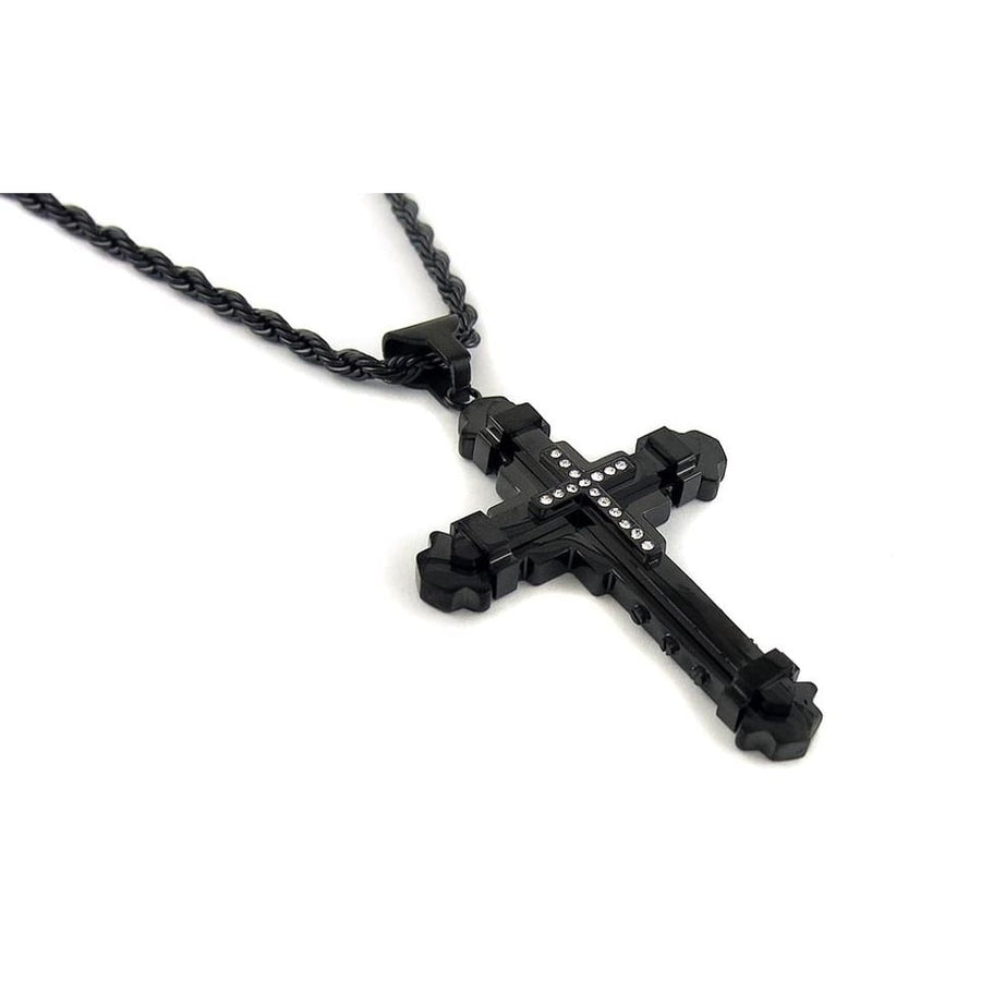 Mens Black Ion Plated Cross Necklace with 24-Inch Rope Chain and CZ Stones Image 1