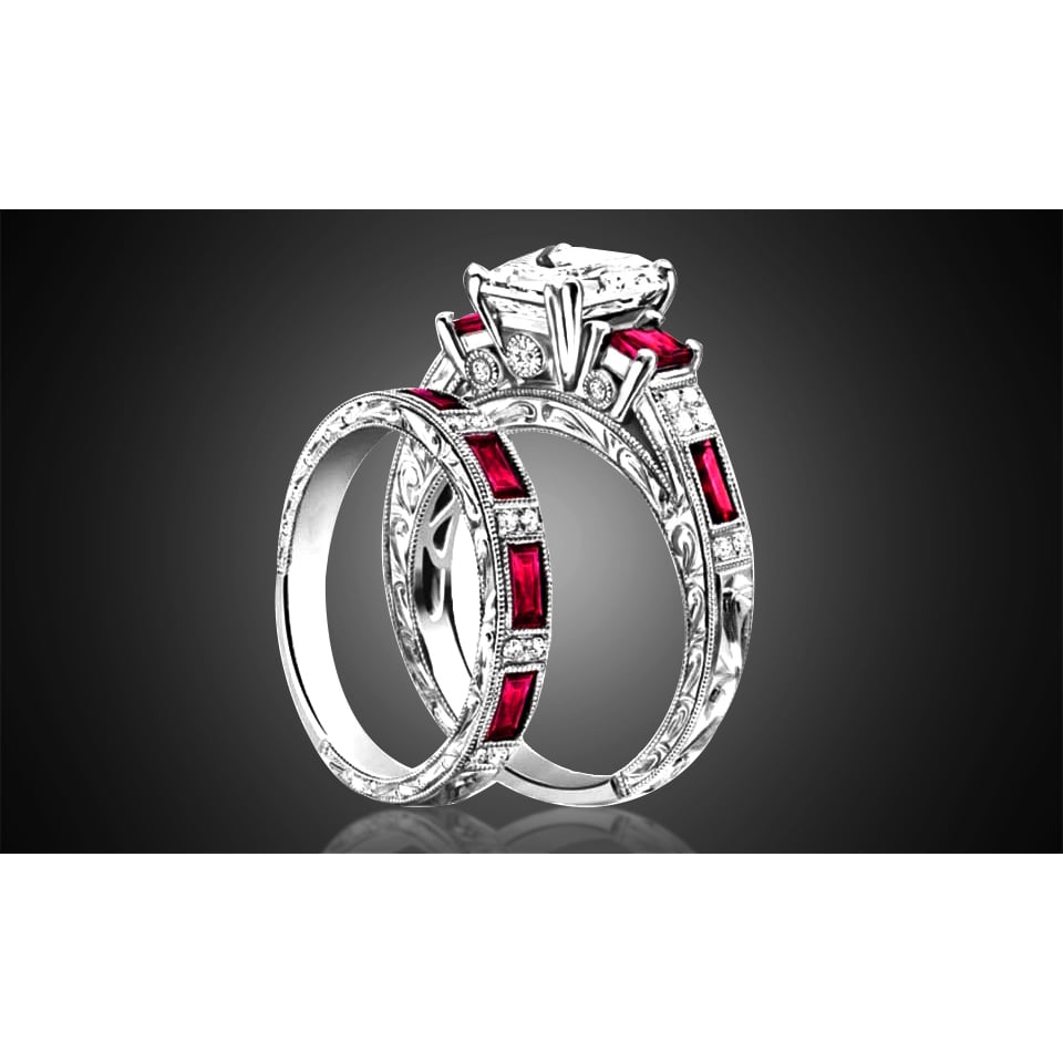 Ruby Tri Stone Engraved Ring and Band Set 18K White Gold Plated Sizes 6-9 Image 1