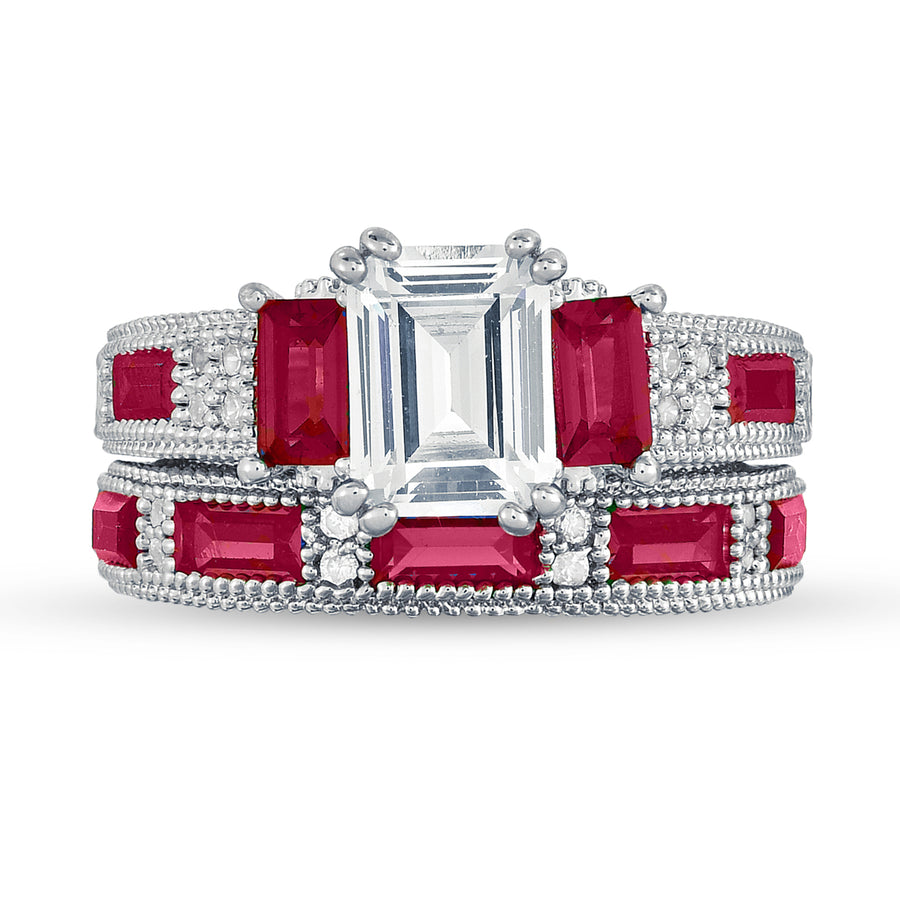 Ruby Tri Stone Engraved Ring and Band Set 18K White Gold Plated Sizes 6-9 Image 1