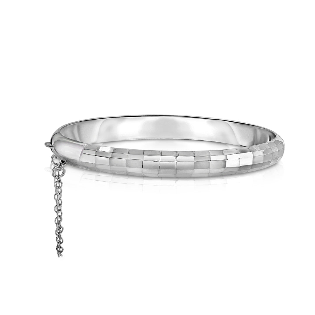 Italian Solid Sterling Silver Diamond Cut Checkered Bangle Bracelet 925 Hinged Image 1