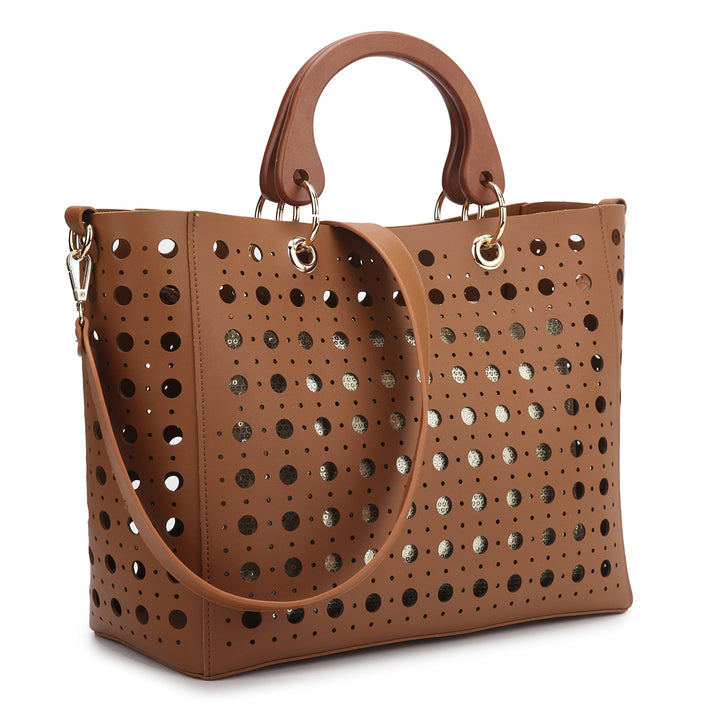 Dasein Faux Leather Tote Bag with Wooden Handles and Sequins 13.6"W 11"H Image 2