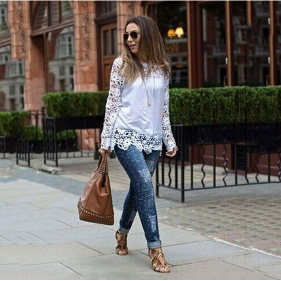 Women Sheer Sleeve Embroidery Lace Crochet Chiffon Shirt Image 4