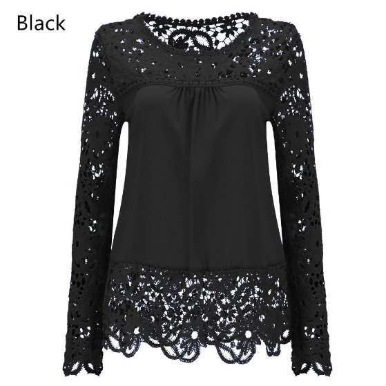 Women Sheer Sleeve Embroidery Lace Crochet Chiffon Shirt Image 2