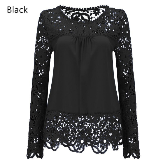 Women Sheer Sleeve Embroidery Lace Crochet Chiffon Shirt Image 1