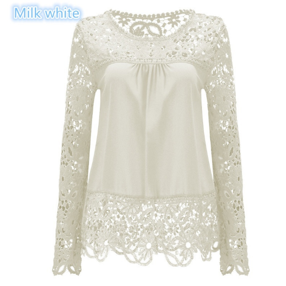 Women Sheer Sleeve Embroidery Lace Crochet Chiffon Shirt Image 3