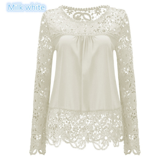 Women Sheer Sleeve Embroidery Lace Crochet Chiffon Shirt Image 1