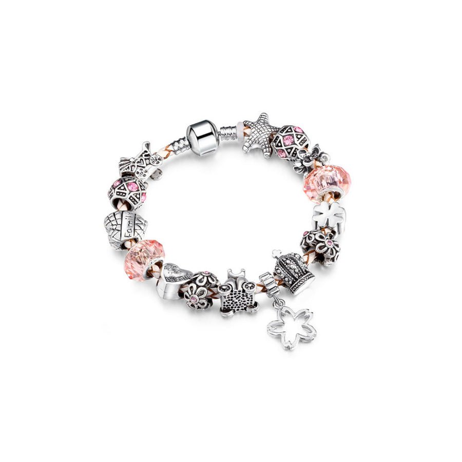 Pink Swarovski Elements Crystal Crown And Heart Charm Leather Bracelet Image 1