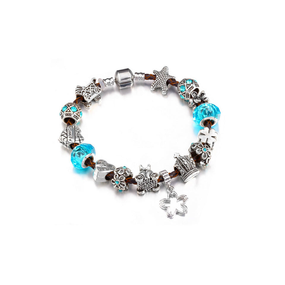 Blue Swarovski Elements Crystal Heart and Crown Charm leather Bracelet Image 1