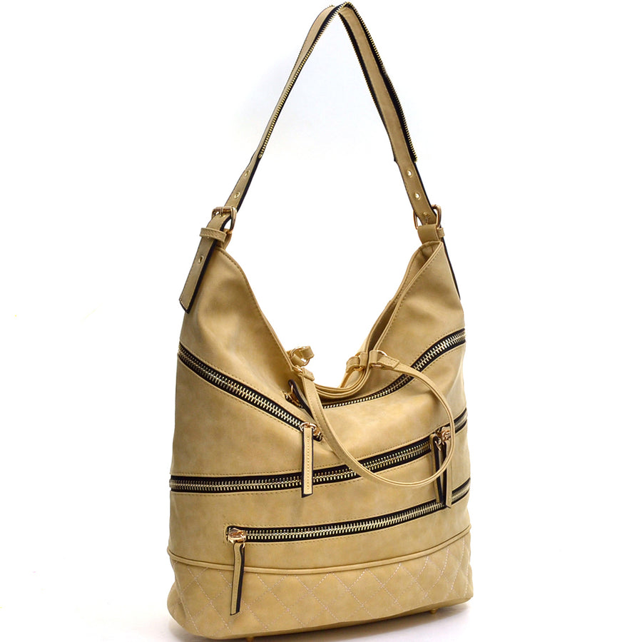 Dasein Gold Quilted Hobo Bag Faux Leather Zip Front Shoulder Strap 17x13.5x8 Image 1