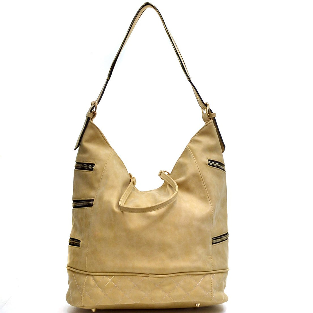 Dasein Gold Quilted Hobo Bag Faux Leather Zip Front Shoulder Strap 17x13.5x8 Image 3