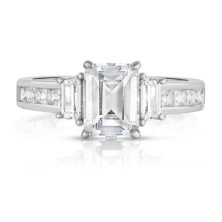 Tri Stone Emerald Cut Ring in 18k White Gold Image 1