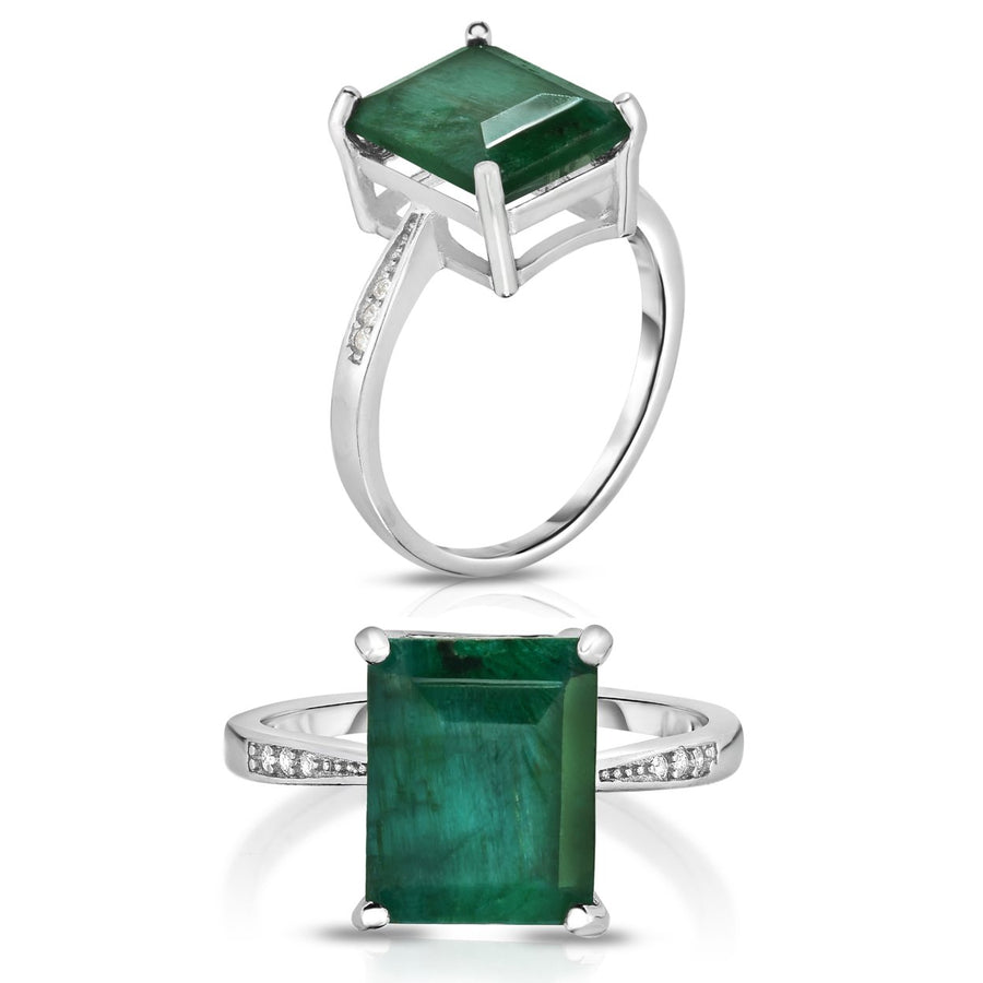 Sterling Silver Emerald Ring With Pave Accent Image 1
