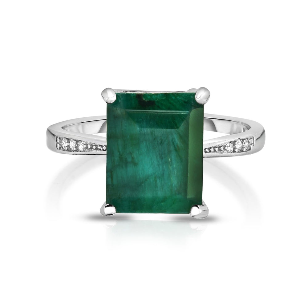 Sterling Silver Emerald Ring With Pave Accent Image 2