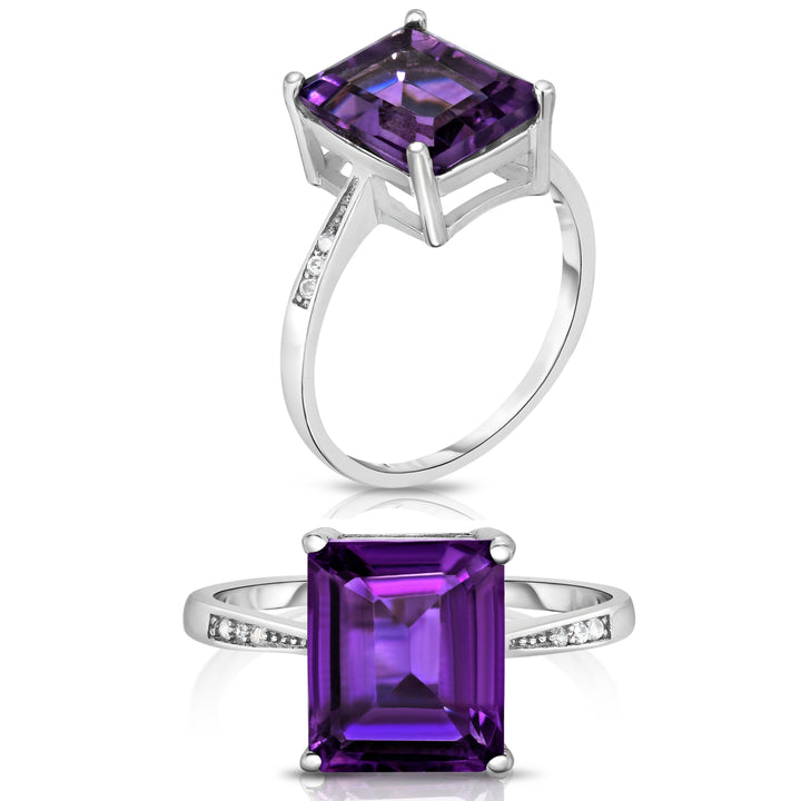 Genuine Amethyst Emerald Cut Sterling Silver Ring 4.00 CTTW Size 6 7 8 9 925 Image 1