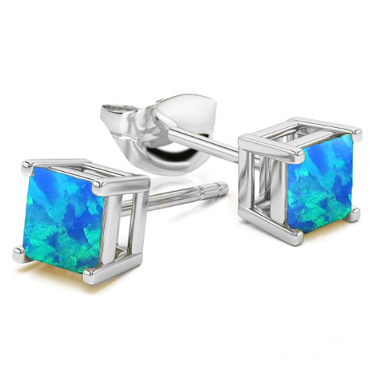 Solid Sterling Silver and Opal Square Cut Stud Earrings Mult. Colors Image 2