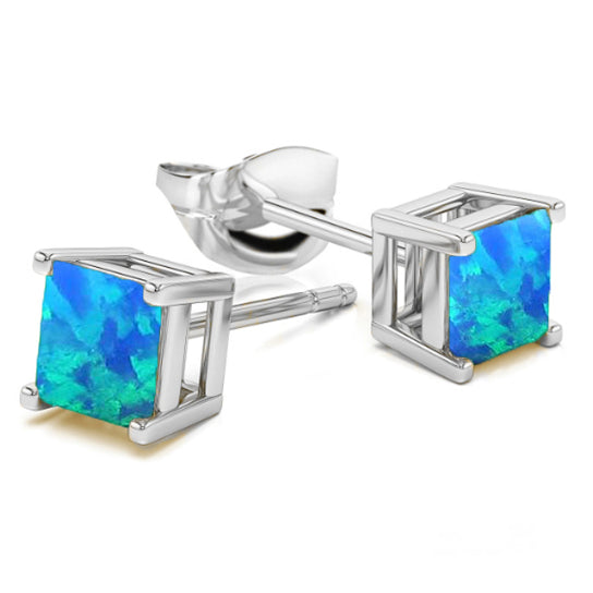 Sterling Silver Opal Stud Earrings 2.00 CTTW Square Cut 6mm Multicolor Image 1