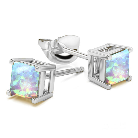 Solid Sterling Silver and Opal Square Cut Stud Earrings Mult. Colors Image 3