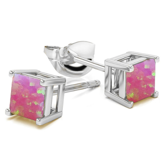 Solid Sterling Silver and Opal Square Cut Stud Earrings Mult. Colors Image 4