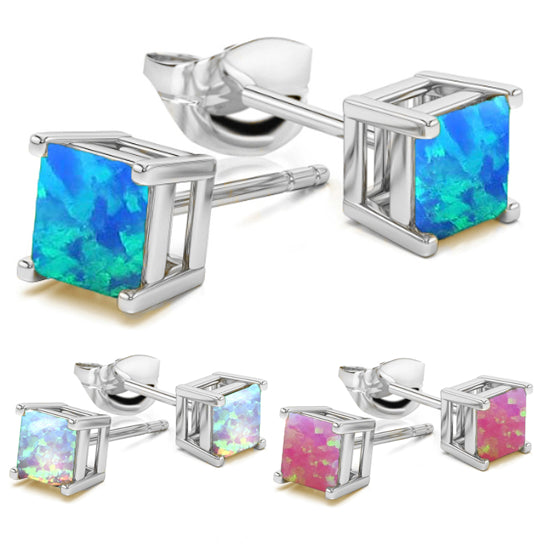 Solid Sterling Silver and Opal Square Cut Stud Earrings Mult. Colors Image 1