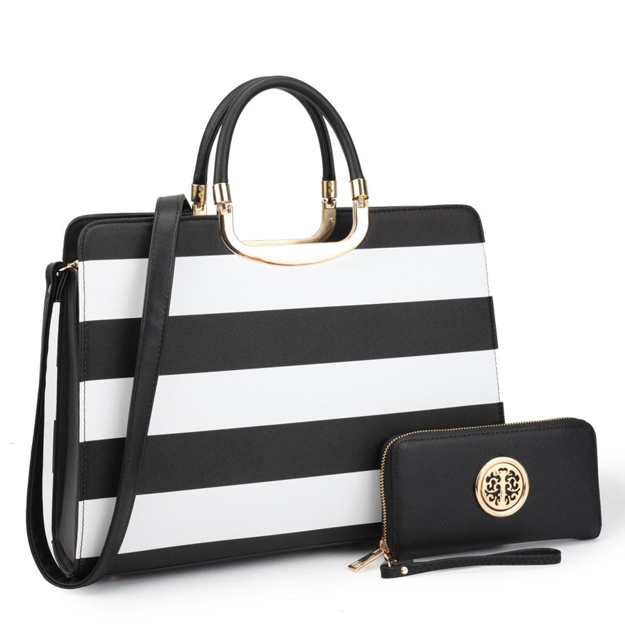 Dasein Womens Patent Leather Striped Briefcase Satchel with Matching Wallet 14.6" Image 1