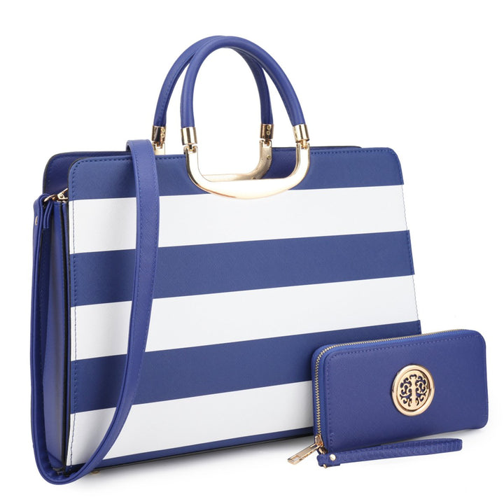 Dasein Womens Patent Leather Striped Briefcase Satchel with Matching Wallet 14.6" Image 2