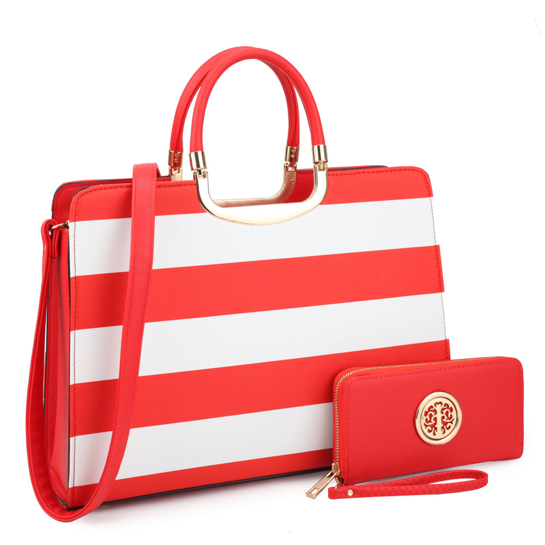 Dasein Womens Patent Leather Striped Briefcase Satchel with Matching Wallet 14.6" Image 4