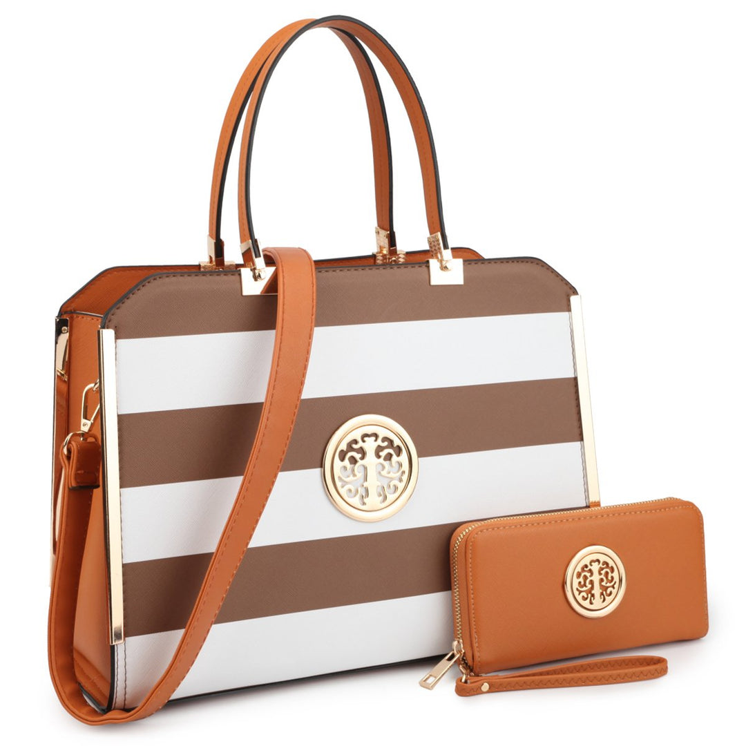 Dasein Womens Fashion Designer Purse Striped Faux Leather Briefcase with Matching Wallet Image 3