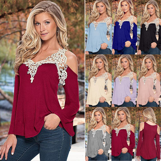 Cold Shoulder and Lace Neckline Shirt in 8 Colors Image 1