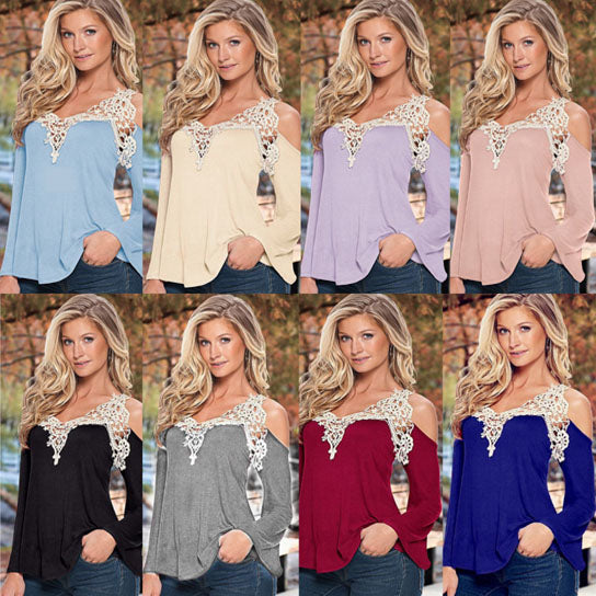 Cold Shoulder and Lace Neckline Shirt in 8 Colors Image 2