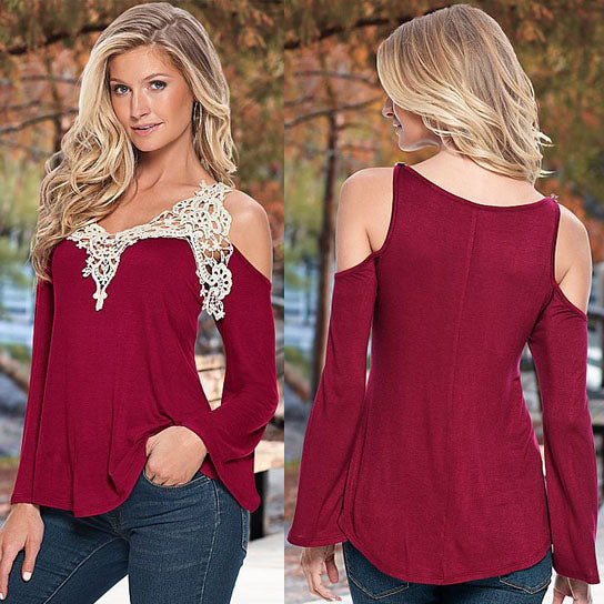 Cold Shoulder and Lace Neckline Shirt in 8 Colors Image 3