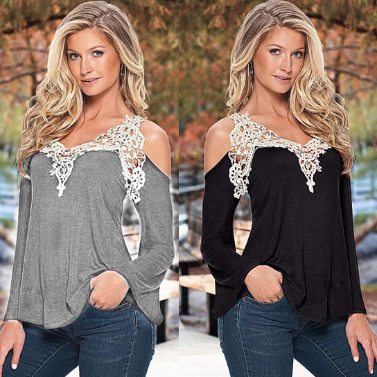 Cold Shoulder and Lace Neckline Shirt in 8 Colors Image 4