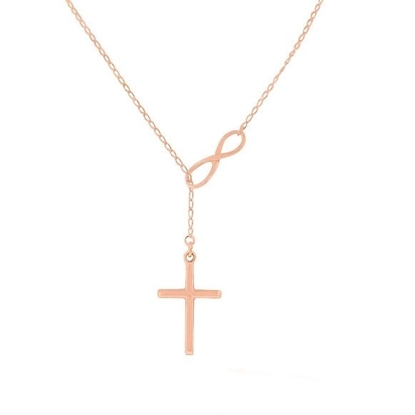 18k Gold Rose Gold Or Sterling Silver Infinity Cross Lariat Necklace Image 1