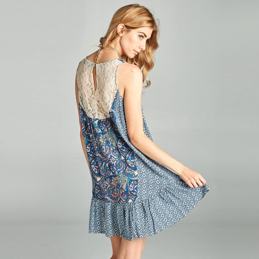 Blue Paisley Ruffle Hem Dress Image 1