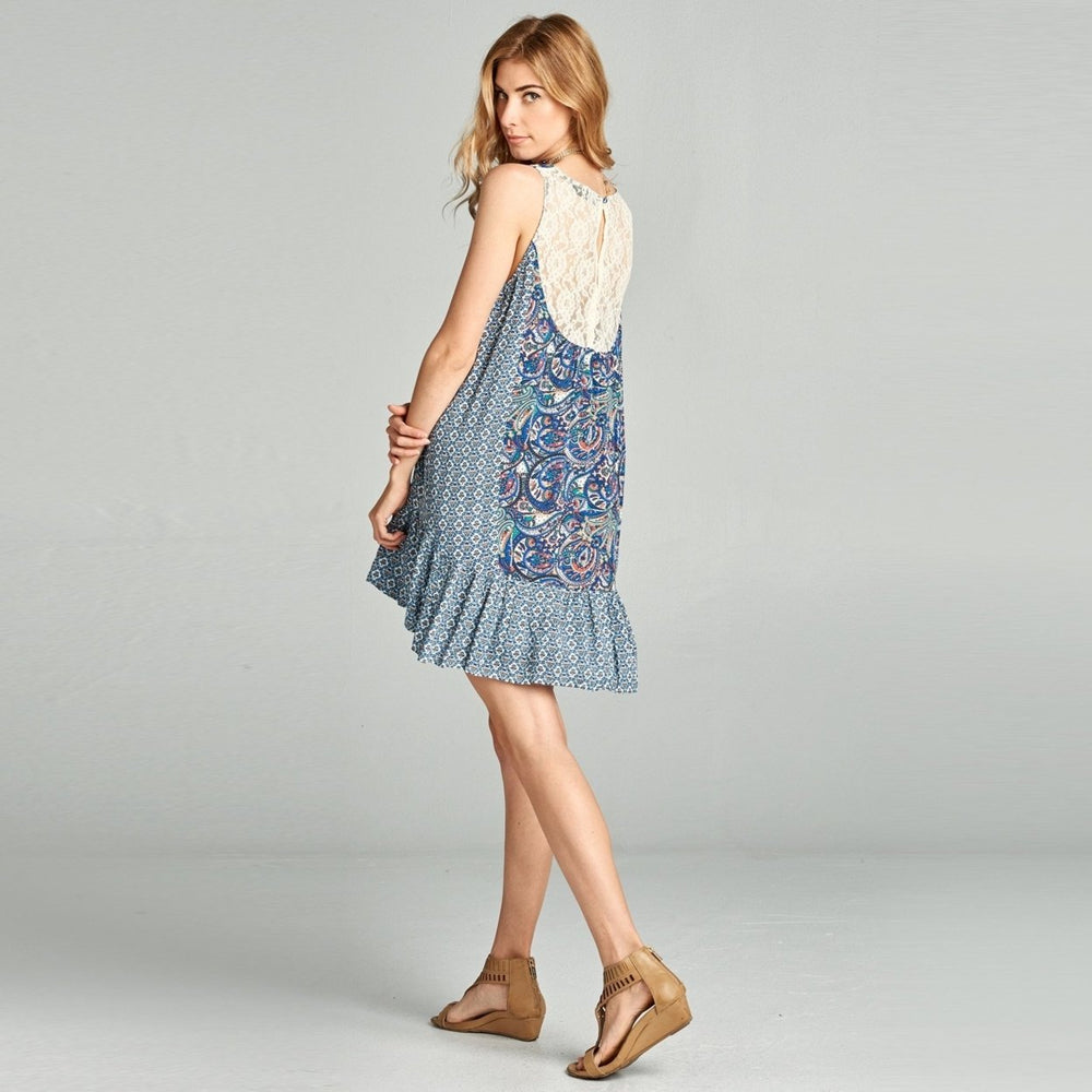 Blue Paisley Ruffle Hem Dress Image 2