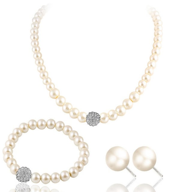 Cultured Freshwater White Pearl Necklace Bracelet and Stud Earring Jewelry Set Image 1