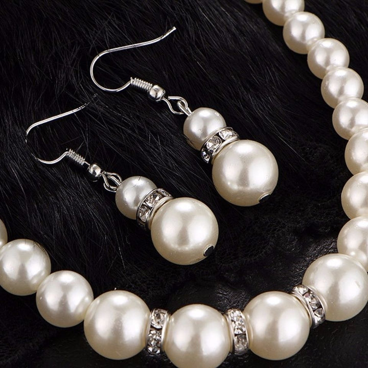 Cultured Freshwater White Pearl Necklace Bracelet and Drop Earring Jewelry Set Image 3
