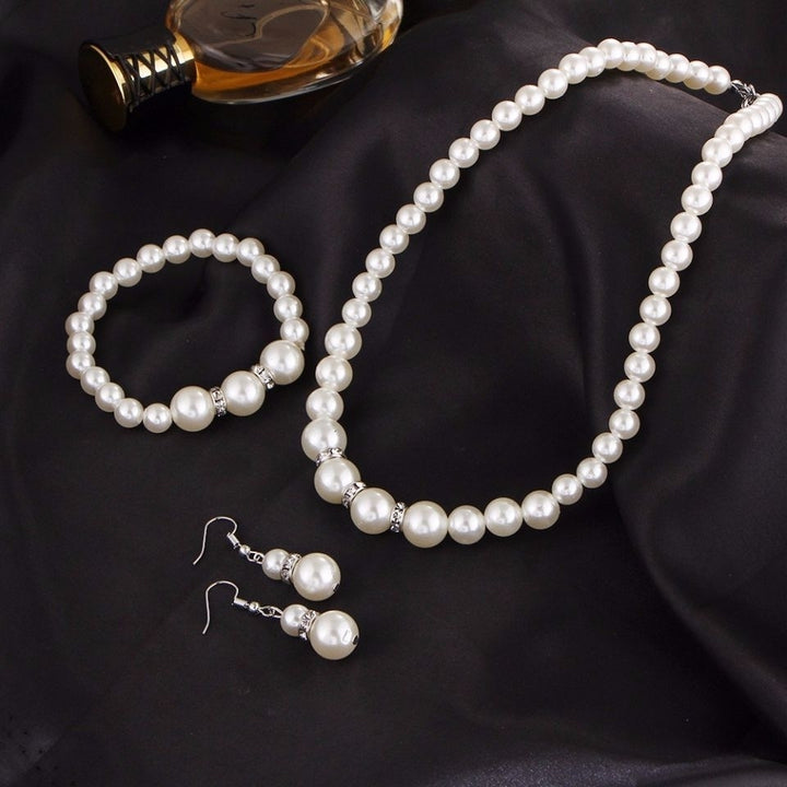 Cultured Freshwater White Pearl Necklace Bracelet and Drop Earring Jewelry Set Image 4